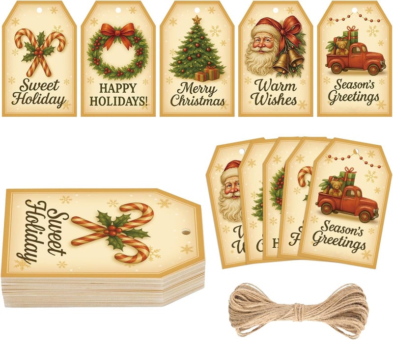 g2plus 50Pcs Christmas Tags for Gifts, 5 Designs Vintage Christmas Holiday Paper Gift Tags with String for Seasonal Wishes, DIY Crafts, Present Wrapping, Xmas Party Favors - Image 1
